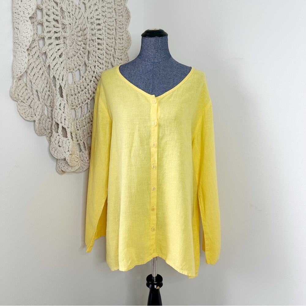 Flax Yellow Line Lagenlook Oversized Button Down Shirt Size Large